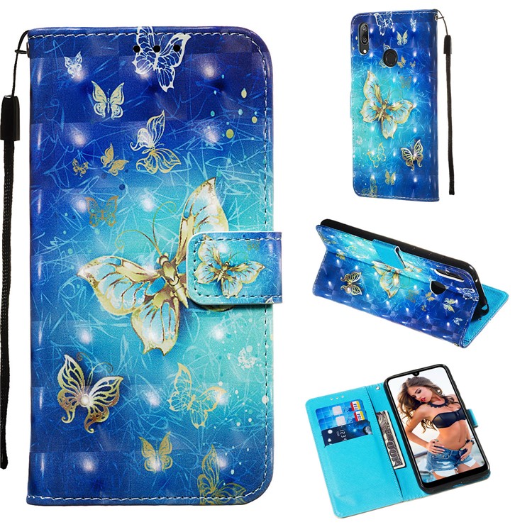 3D Painting Style Leather Phone Shell for Huawei Y7 (2019) / Y7 Prime (2019) / Enjoy 9 / Y7 Pro (2019) - Blue Shiny Butterflies-1
