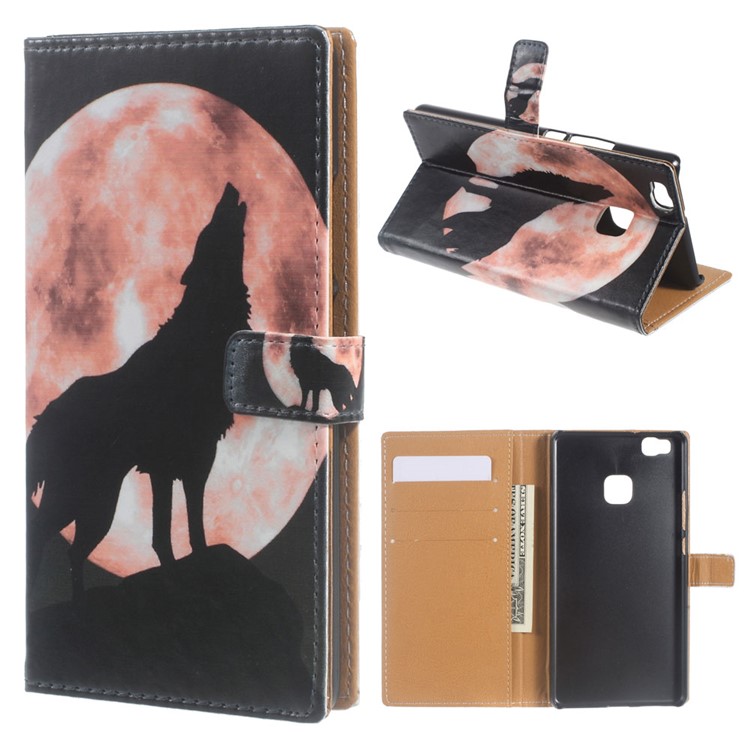 Leather Cover Wallet Stand Case for Huawei P9 Lite/G9 Lite - Wolf Howling at the Moon-1