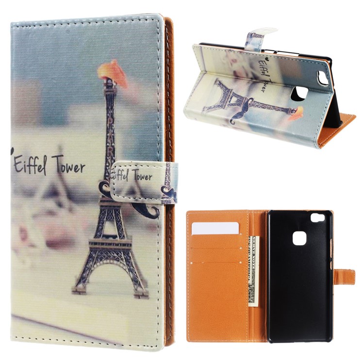 Leather Wallet Stand Flip Case for Huawei P9 Lite/G9 Lite - Eiffel Tower and Mustache-1