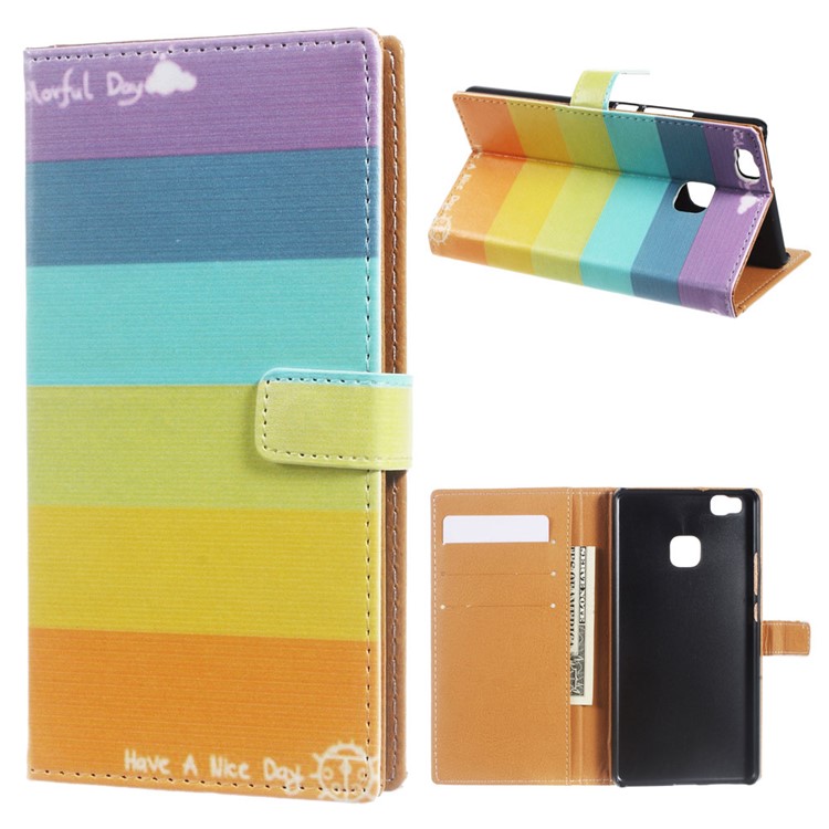 Leather Case Flip Card Holder for Huawei P9 Lite/G9 Lite - Colorful Rainbow Stripes-1