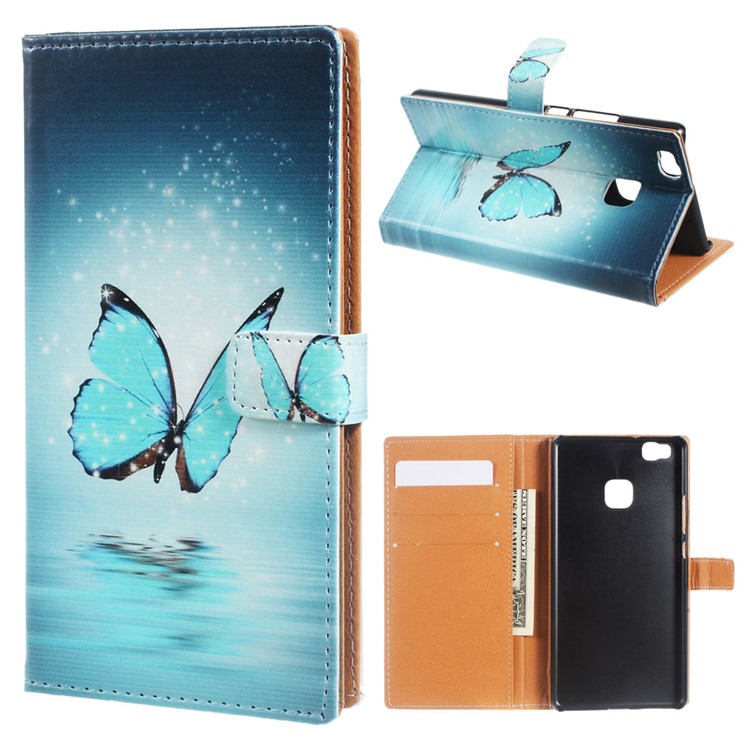 Leather Flip Cover Case for Huawei P9 Lite/G9 Lite - Blue Butterfly on the Water-1