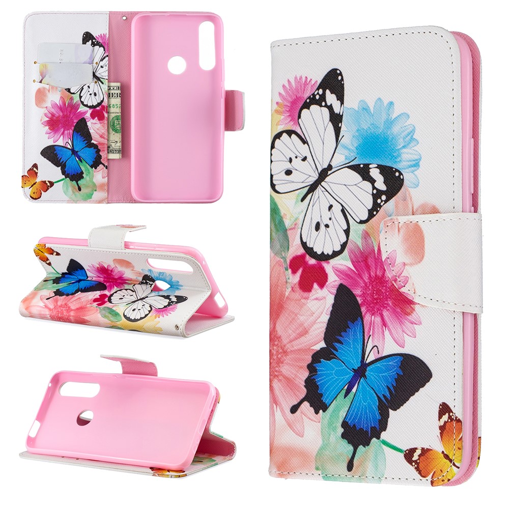 Cáscara Del Teléfono Celular Del Soporte Del Tirón Del Cuero De La PU De La Impresión Del Patrón Para Huawei P Smart Z - Mariposas Y Flores-1
