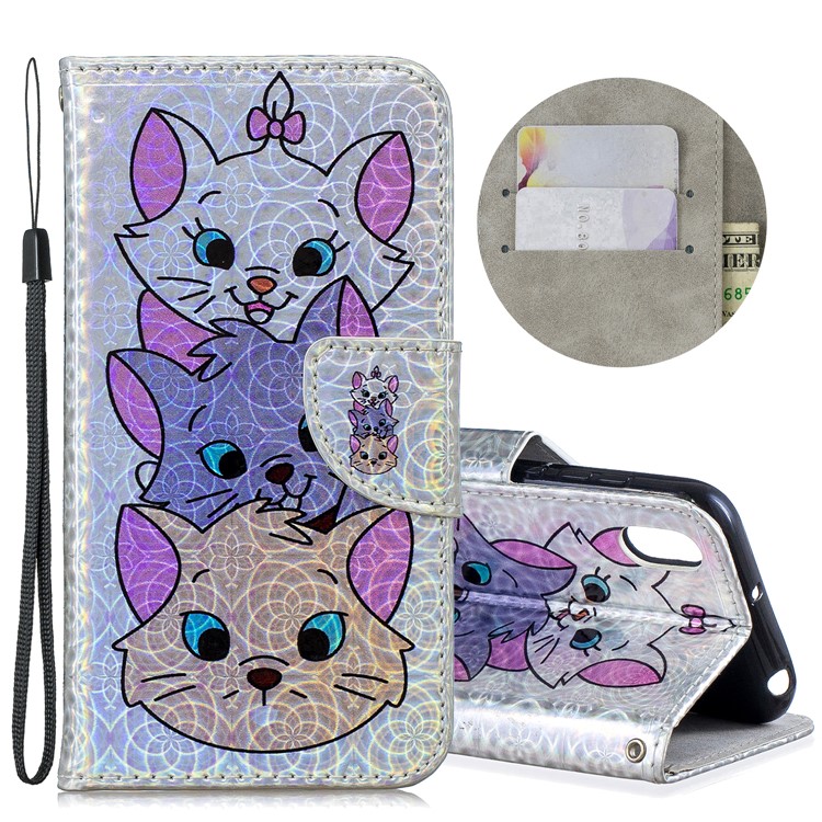 Escultura A Laser Padrão De Impressão Flip Leather Shell Com Alça Para Huawei Y5 (2019) / Honra 8S - Três Gatos Fofos-1