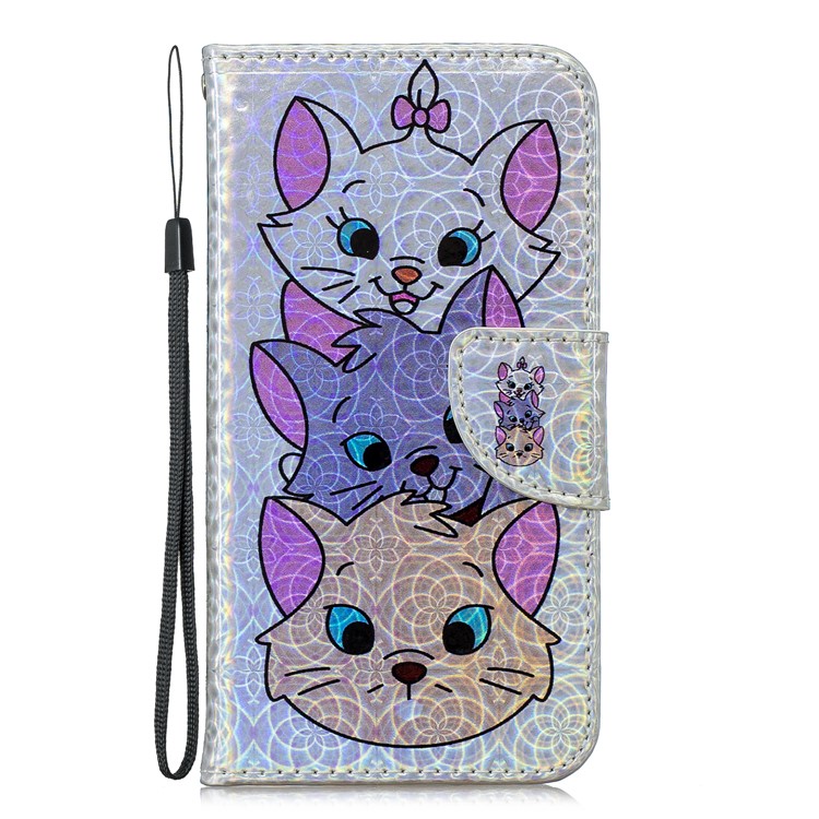Escultura A Laser Padrão De Impressão Flip Leather Shell Com Alça Para Huawei Y5 (2019) / Honra 8S - Três Gatos Fofos-2