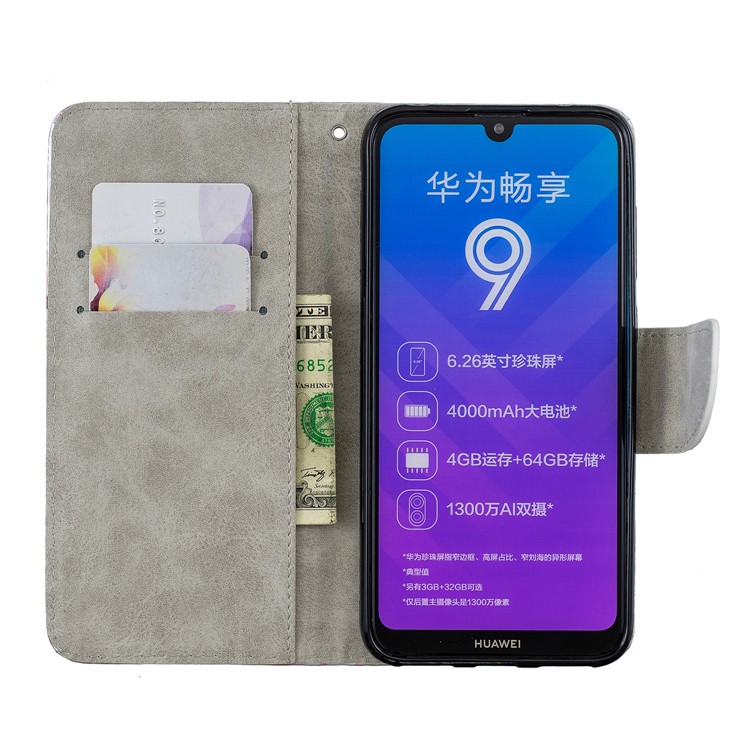 Laser Carving Pattern Printing Leather Wallet Stand Case with Strap for Huawei Y7 (2019) / Y7 Prime (2019) / Y6 Pro (2019) / Enjoy 9 - Flower-4