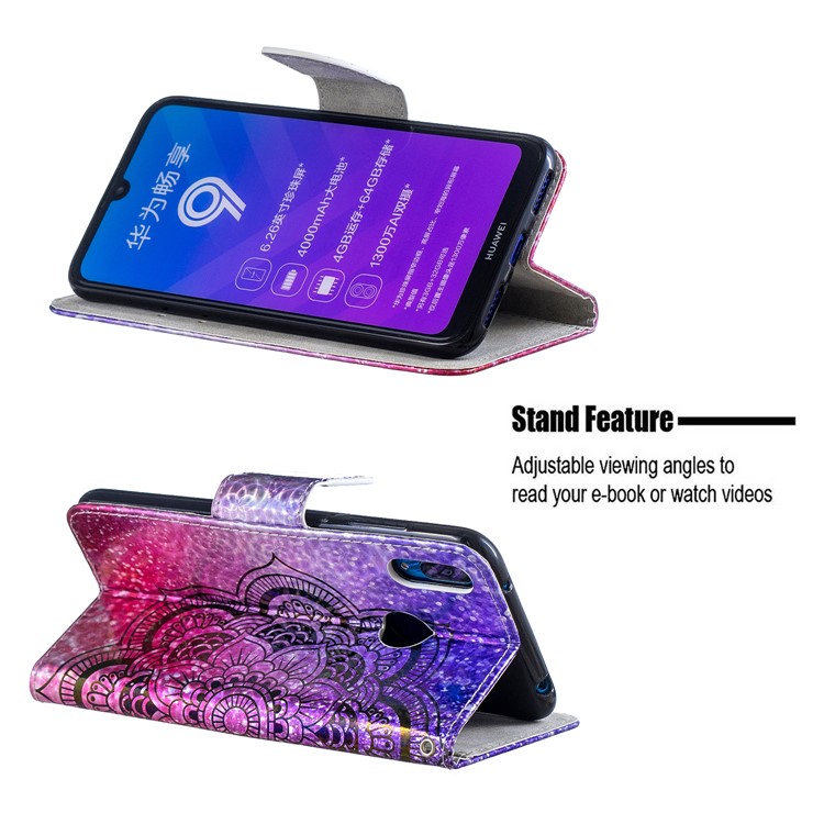 Laser Carving Pattern Printing Leather Wallet Stand Case with Strap for Huawei Y7 (2019) / Y7 Prime (2019) / Y6 Pro (2019) / Enjoy 9 - Flower-5