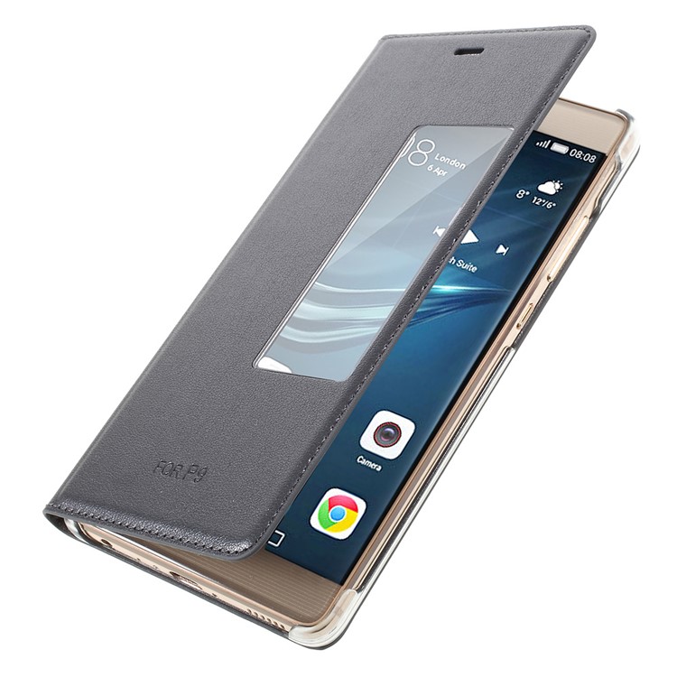 Wake / Sleep View Window Leather Folio Shell for Huawei P9 - Dark Grey-5