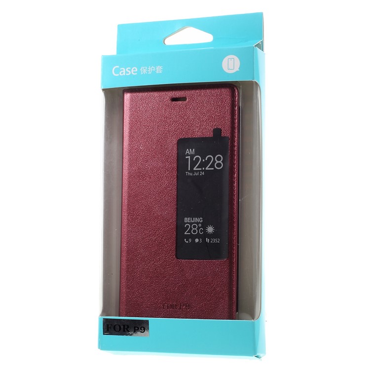 Wake / Sleep View Window Leather Phone Case for Huawei P9 - Red-10