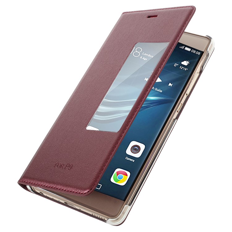 Wake / Sleep View Window Leather Phone Case for Huawei P9 - Red-5