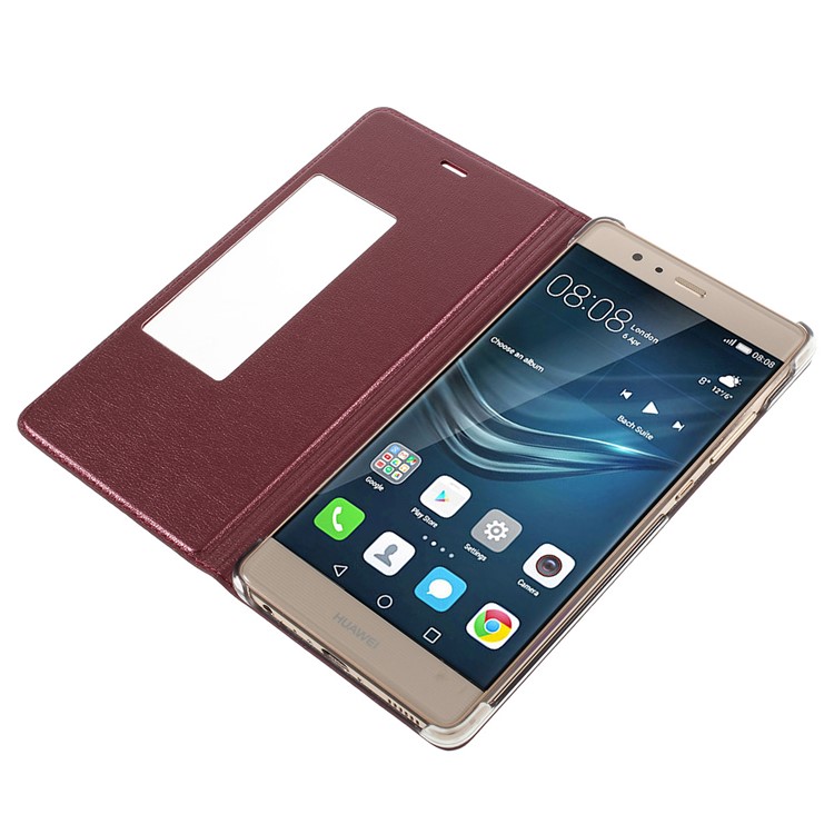 Wake / Sleep View Window Leather Phone Case for Huawei P9 - Red-6