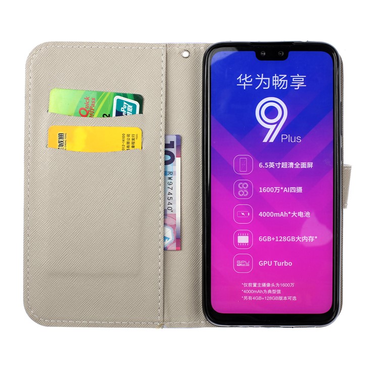 Pattern Printing Wallet Stand Flip Leather Case with Strap for Huawei Y9 (2019) / Enjoy 9 Plus - Girl Owl-5