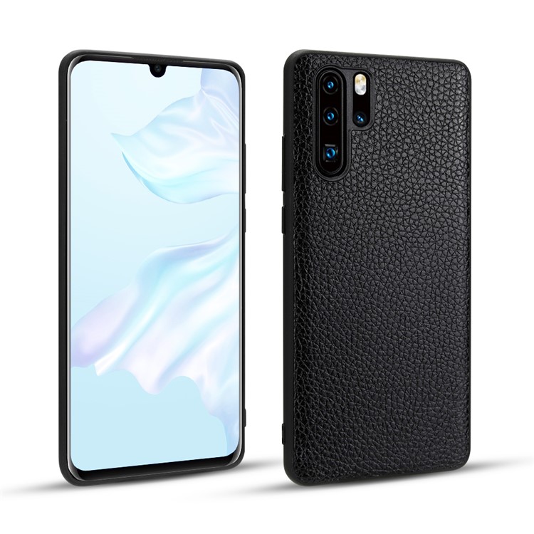 Genuine Leather Litchi Texture Coated TPU Phone Cover Case for Huawei P30 Pro - Black-1