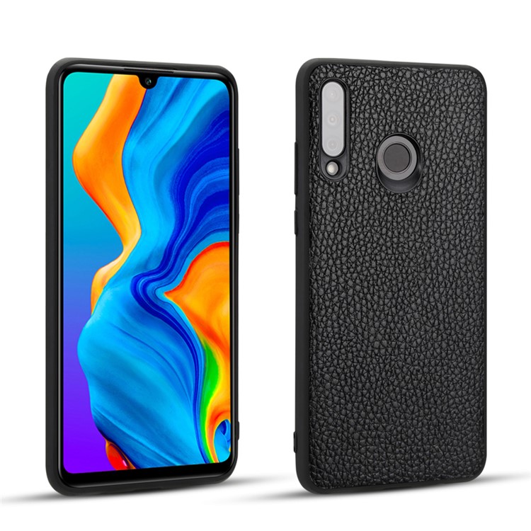 Genuine Leather Anti-dropping Litchi Texture Coated TPU Phone Case for Huawei P30 Lite/nova 4e - Black-1