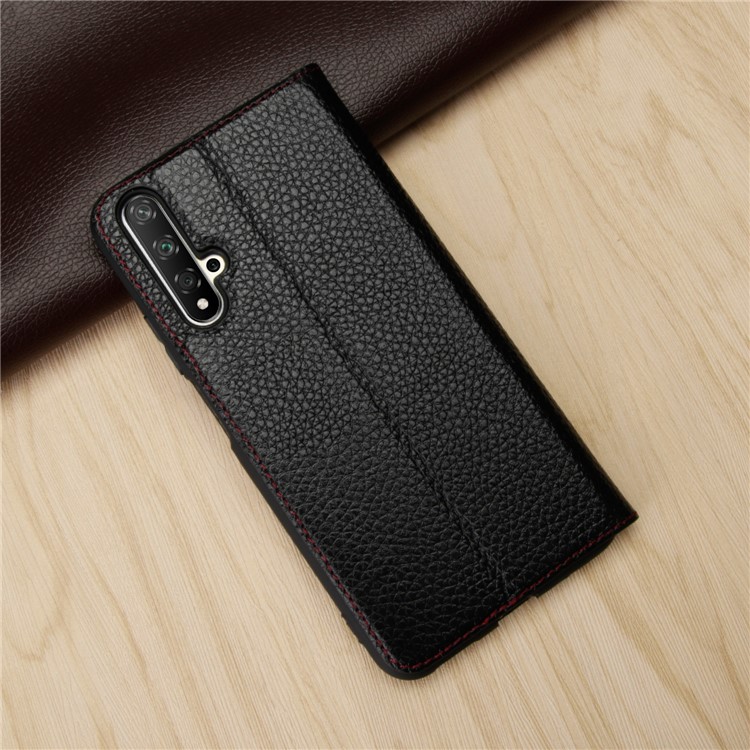 Cowhide Leather Litchi Surface Clear Visible Window Phone Cover for Huawei Honor 20 - Black-14