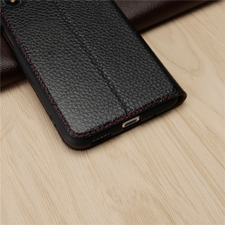 Cowhide Leather Litchi Surface Clear Visible Window Phone Cover for Huawei Honor 20 - Black-16