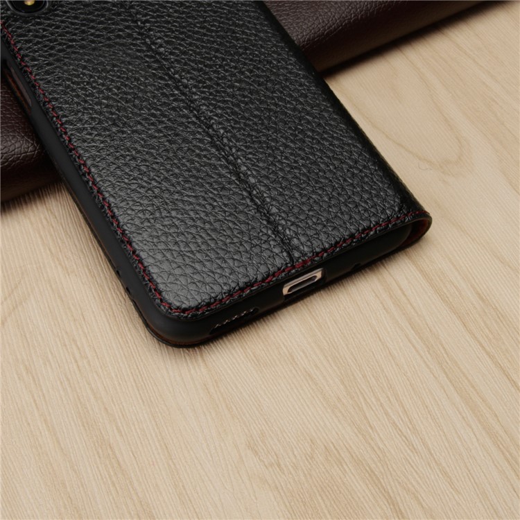 Cowhide Leather Litchi Surface Clear Visible Window Phone Cover for Huawei Honor 20 - Black-16