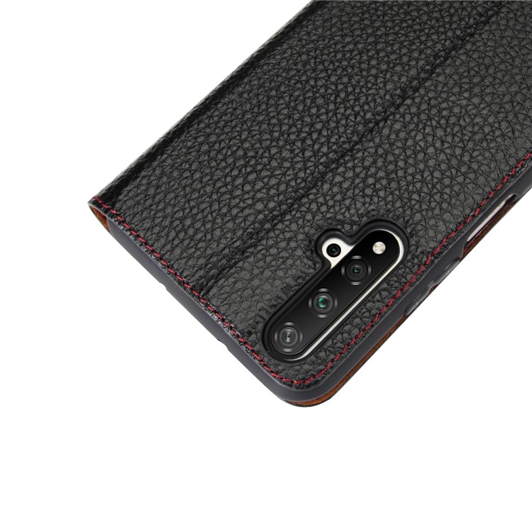 Cowhide Leather Litchi Surface Clear Visible Window Phone Cover for Huawei Honor 20 - Black-6