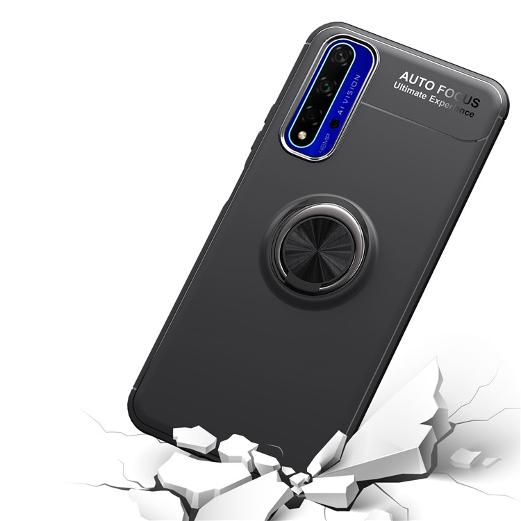 LENUO Metal Ring Bracket TPU Phone Cover for Huawei Honor 20 Magnetic Metal Sheet Case - All Black-9