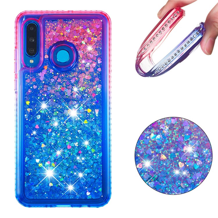 Diamond Decor Gradient Glitter Powder Quicksand TPU Shell with Finger Ring Buckle for Huawei P30 Lite / nova 4e - Rose / Blue-5