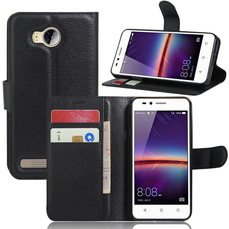 Lychee Skin Wallet Leather Stand Case for Huawei Y3II / Y3 II - Black-6