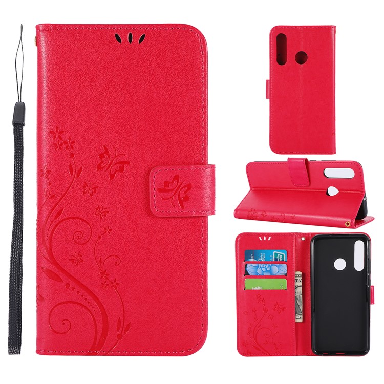 Imprint Butterfly Leather Wallet Phone Shell for Huawei Honor 20 Lite - Red-1