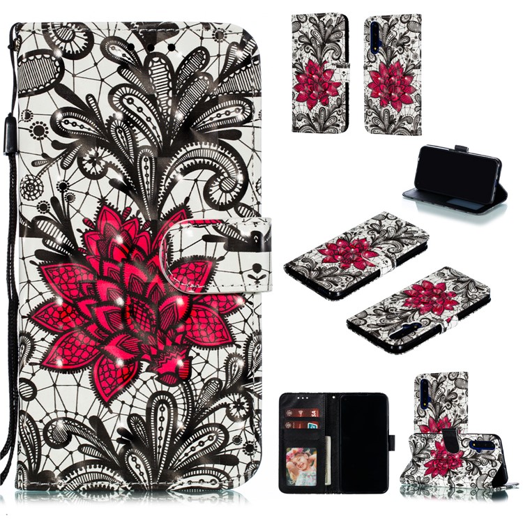 Pattern Printing Light Spot Decor Leather Wallet Case for Huawei Honor 20 - Red Flower-1