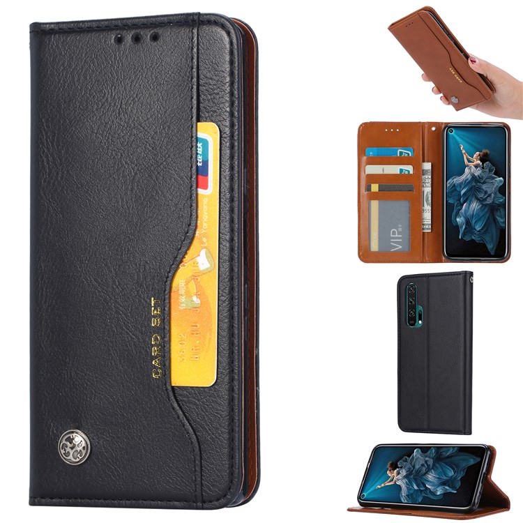 PU+Split Leather Auto-absorbed Stand Wallet Protective Case Shell for Huawei Honor 20 Pro - Black-1