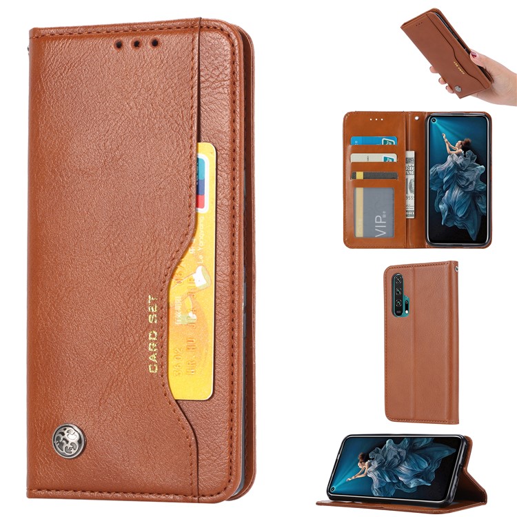 PU+Split Leather Auto-absorbed Stand Wallet Protective Case Shell for Huawei Honor 20 Pro - Brown-1
