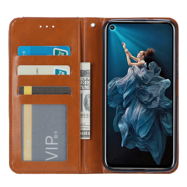 PU+Split Leather Auto-absorbed Stand Wallet Protective Case Shell for Huawei Honor 20 Pro - Brown-4