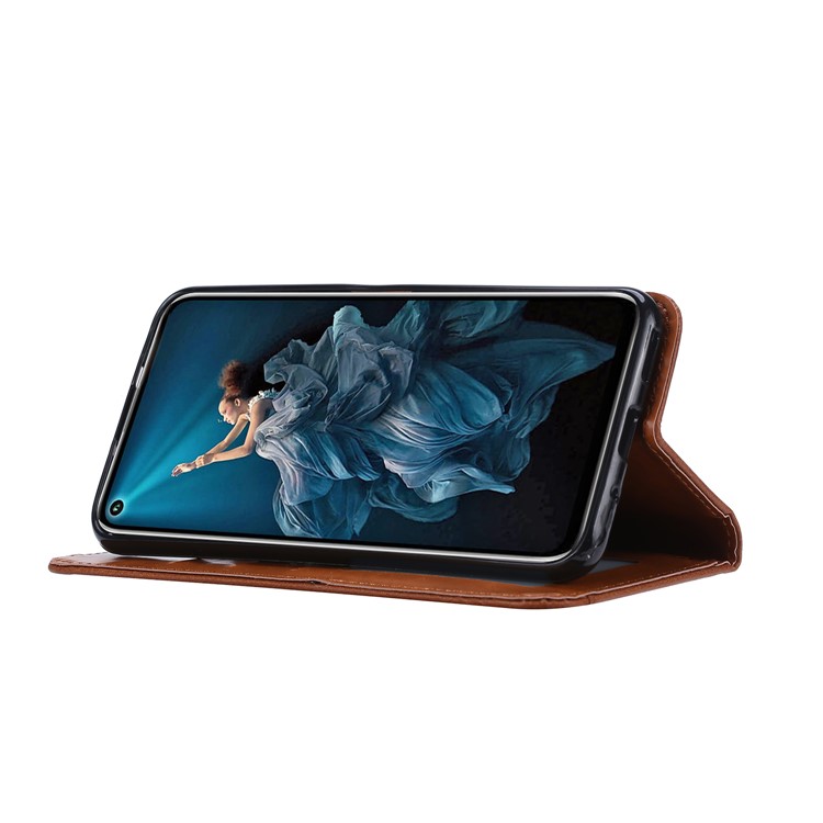 PU+Split Leather Auto-absorbed Stand Wallet Protective Case Shell for Huawei Honor 20 Pro - Brown-5