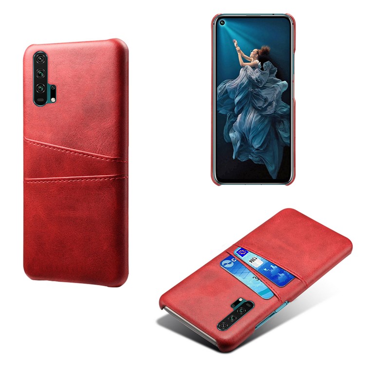 Double Card Slots PU Leather Coated PC Case for Huawei Honor 20 Pro - Red-1