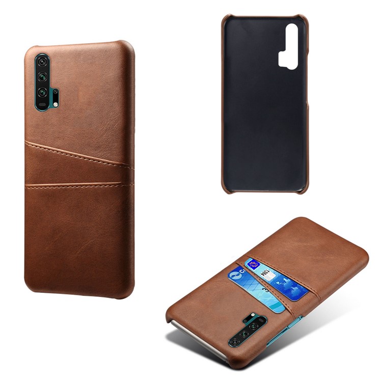 Double Card Slots PU Leather Coated PC Case for Huawei Honor 20 Pro - Brown-4