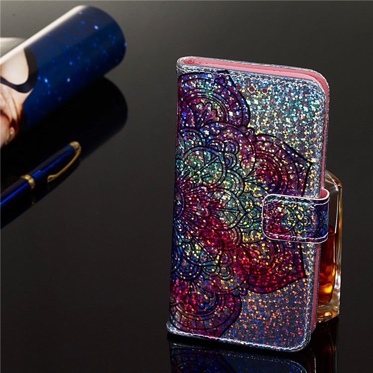 Printing Texture Glitter Sequins Leather Phone Shell with Wallet for Huawei nova 5i / P20 lite (2019) - Mandala Flower-8