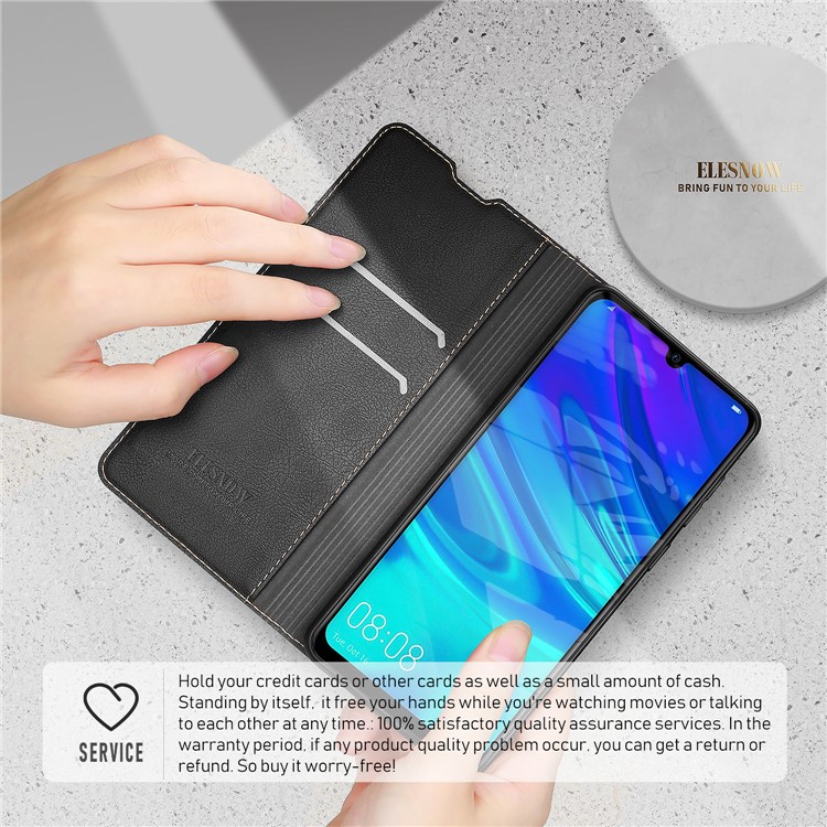 ELESNOW Standmappe Leder Handyhülle + Hartglas Displayschutzfolie Für Huawei P Smart + 2019 / Enjoy 9s-5