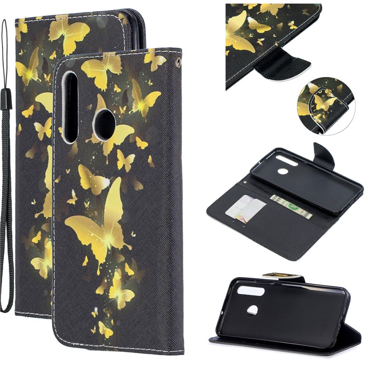 Leather Phone Shell with Strap Phone Shell for Huawei Honor 20i/10i/Enjoy 9s/Honor 20 Lite/P Smart+ 2019/Maimang 8 - Black/Gold Butterflies-1