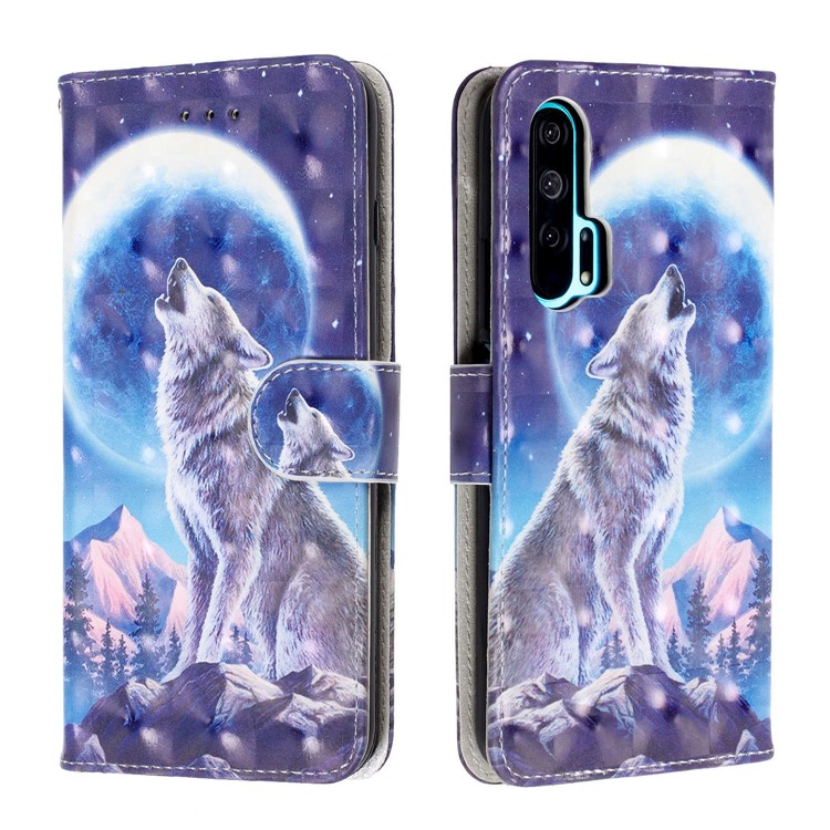 Light Spot Decor Patterned Leather Wallet Case for Huawei Honor 20 Pro - Wolf and Moonlight-2