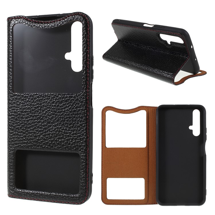 Litchi Texture Dual Window Stand Genuine Leather Phone Case for Huawei Honor 20 - Black-1