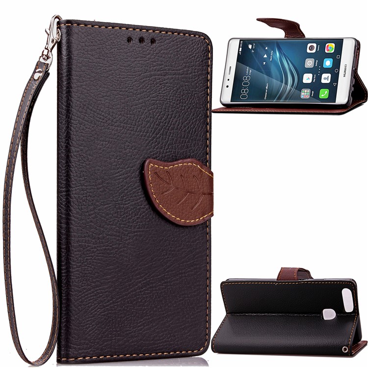 Leaf Shape Magnetic Flap Wallet Leather Stand Case for Huawei P9 Plus - Black-1