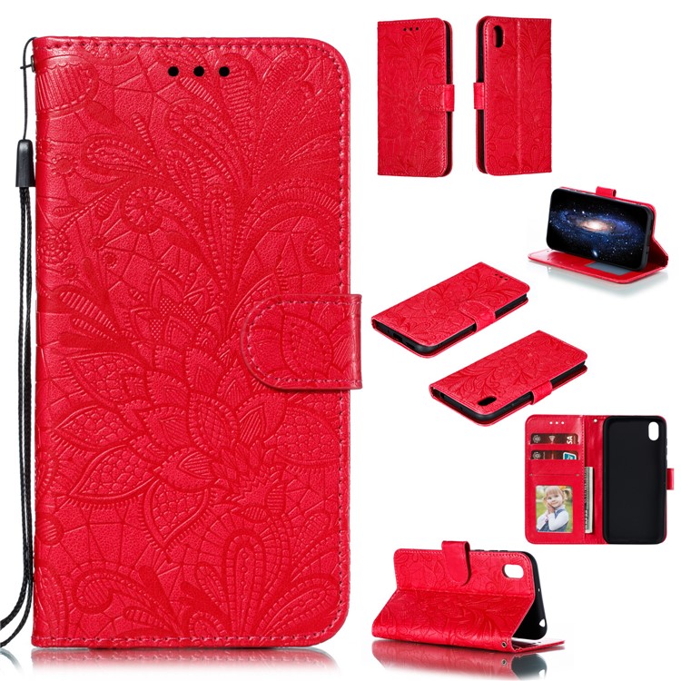 Imprinted Lace Flower Skin Leather Wallet Stand Phone Case for Huawei Y5 (2019) / Honor 8S - Red-1