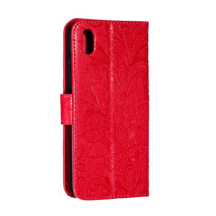 Imprinted Lace Flower Skin Leather Wallet Stand Phone Case for Huawei Y5 (2019) / Honor 8S - Red-4