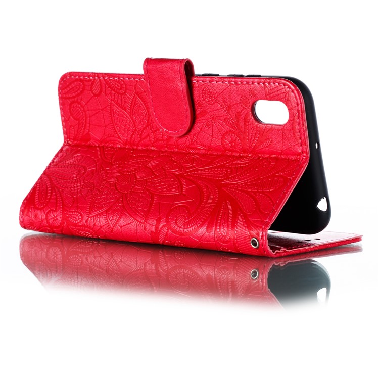 Imprinted Lace Flower Skin Leather Wallet Stand Phone Case for Huawei Y5 (2019) / Honor 8S - Red-6