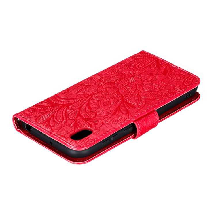 Imprinted Lace Flower Skin Leather Wallet Stand Phone Case for Huawei Y5 (2019) / Honor 8S - Red-9