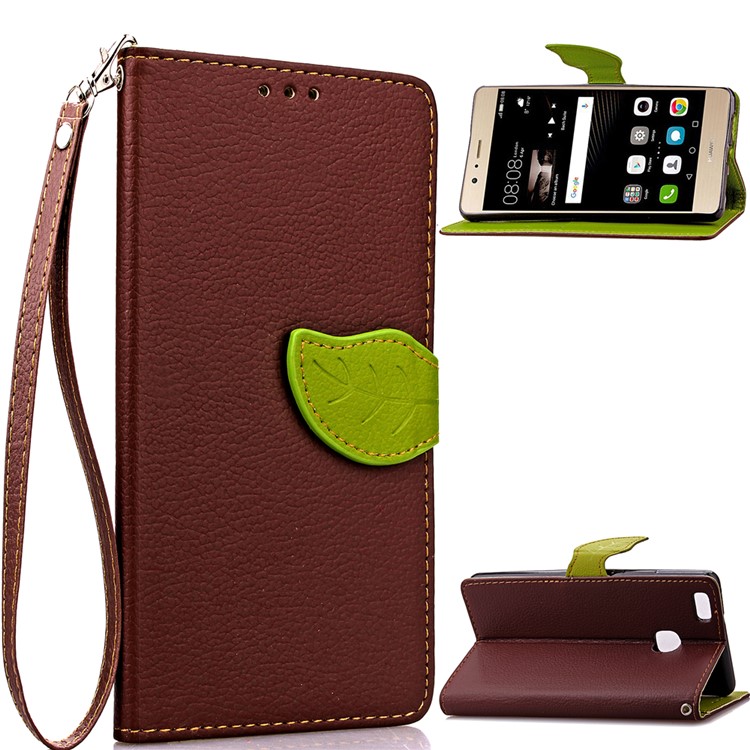 Leaf Shape Magnetic Flap Leather Card Holder Case for Huawei P9 Lite - Brown-1