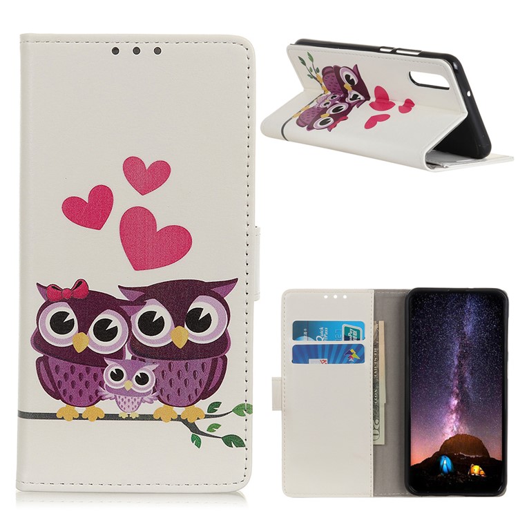 Pattern Printing Leather Wallet Case for Huawei Honor 9X / Honor 9X Pro - Owls and Hearts-1