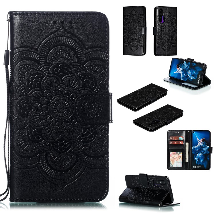 Etui De Support De Portefeuille En Cuir De Fleur Mandala Mandala Pour Huawei Honor 20 Pro - Noir