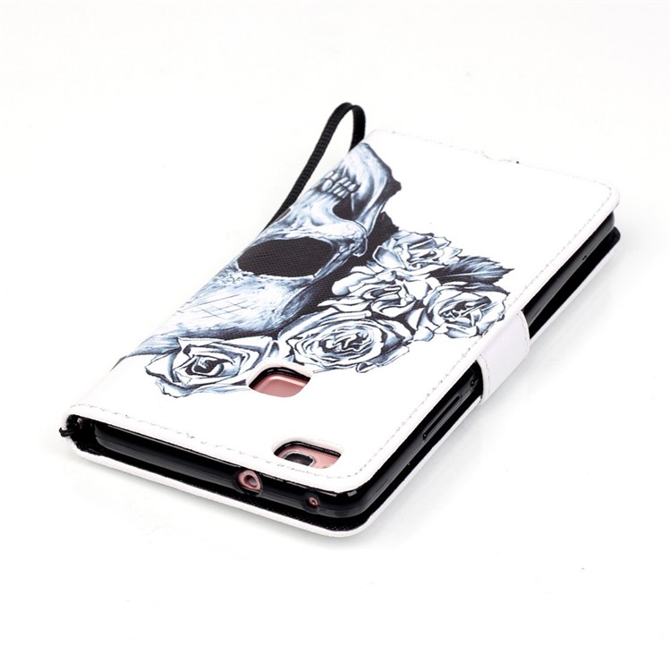 Patterned Leather Card Slots Case for Huawei P9 Lite - Flower and Skull-5