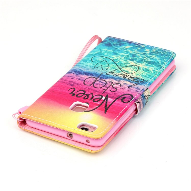 Patterned Leather Wallet Flip Case for Huawei P9 Lite - Quote Never Stop Dreaming-5