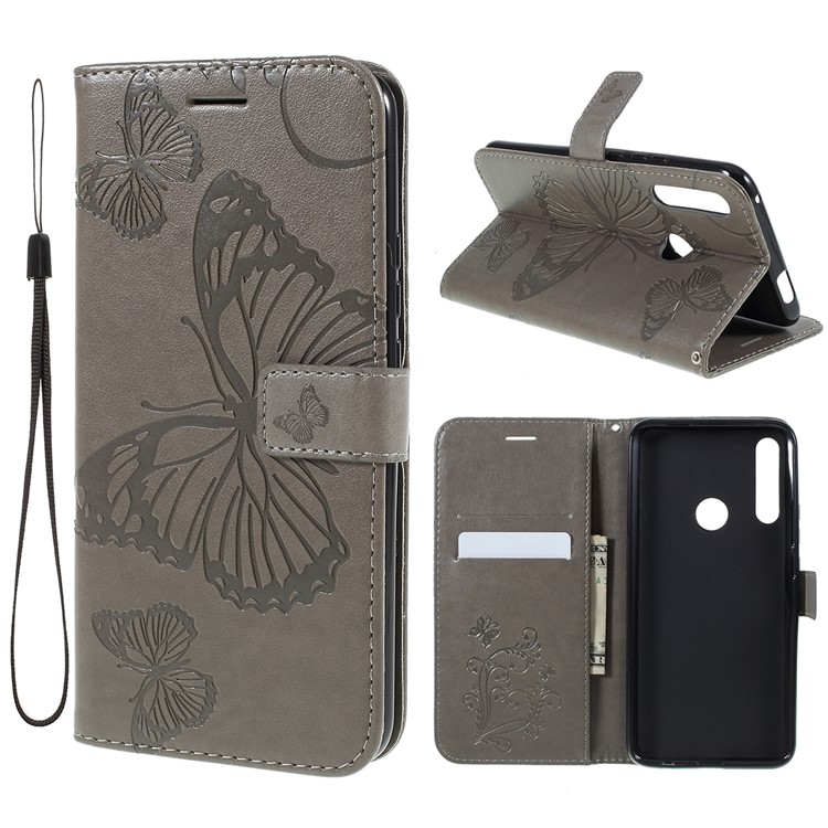 Imprint Butterfly Wallet Leather Stand Phone Case for Huawei P Smart Z / Y9 Prime 2019 - Grey-1