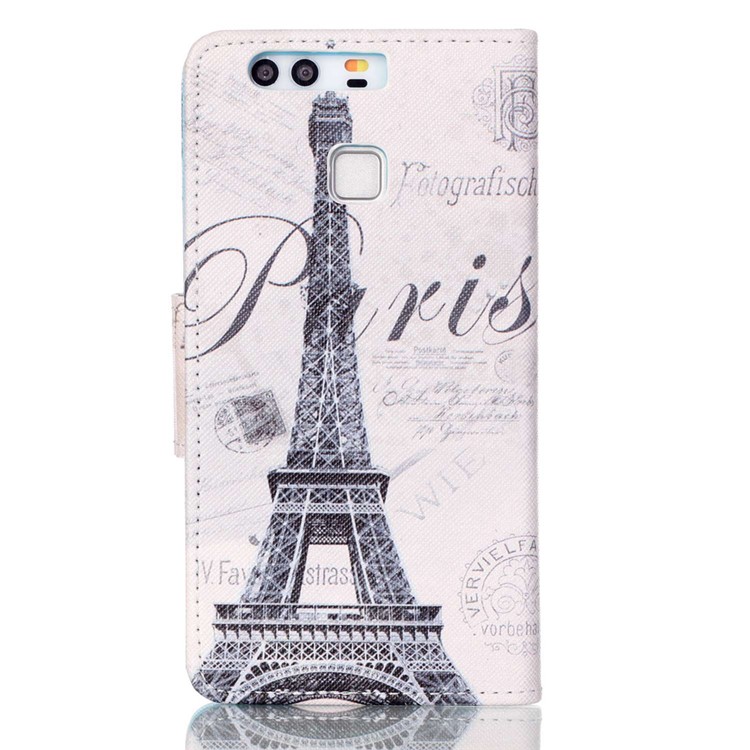 Cross Pattern Leather Wallet Case for Huawei P9 - Eiffel Tower-2