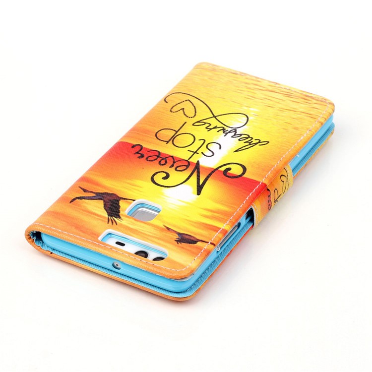 Cross Pattern Leather Wallet Cover for Huawei P9 - Quote Never Stop Dreaming-4